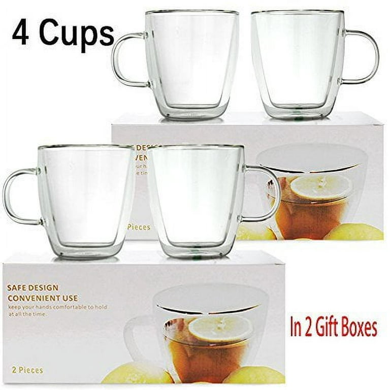 Eye4techs Clear Glass Double Wall Insulated Round Coffee Mugs Set of 4 Pieces - Large Size 16oz Best Reusable Coffee Mug for Home Cafe Restaurant