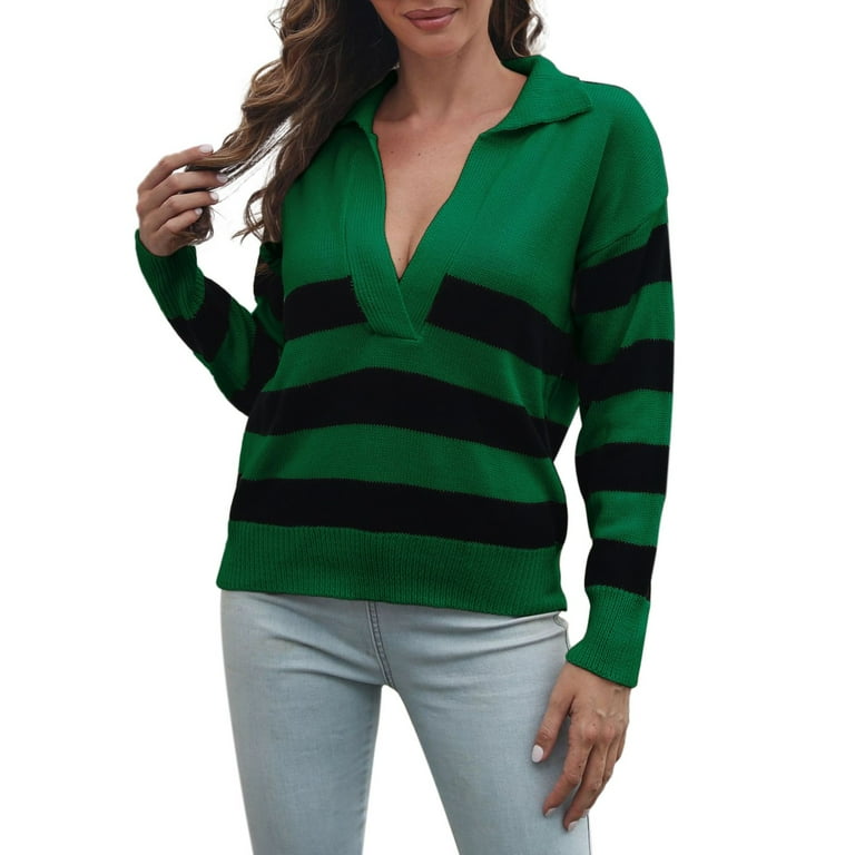 Brand Sweater Cotton Full Zip Sweatshirt Womens V Neck Stripe Long