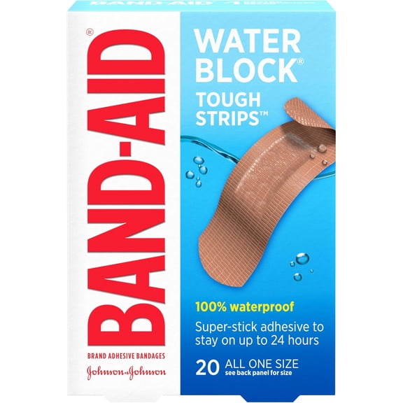 Brand Water Block Waterproof Tough Adhesive Bandages for First Aid Wound Care, Durable Waterproof Bandages to Protect Minor Cuts, Burns & Scrapes, Quilt-Aid Pad, One Size, 20 ct