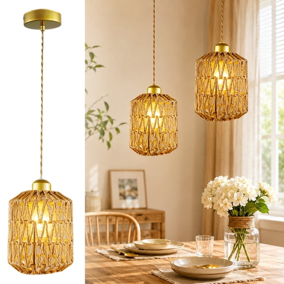 BrandName Boho Rattan Pendant Light, Handwoven Hemp Rope Hanging Light Fixture for Kitchen Island Hallway Living Room