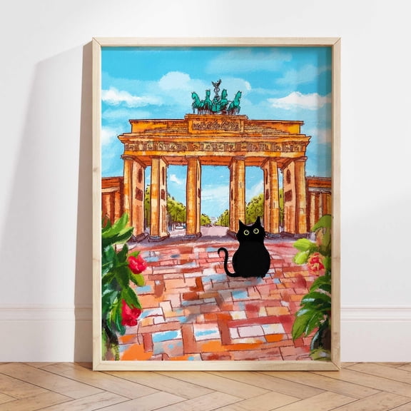 Brandenburg Gate Black Cat Berlin Germany Travel Wall Decor, Unframed Paper Poster 8x10in