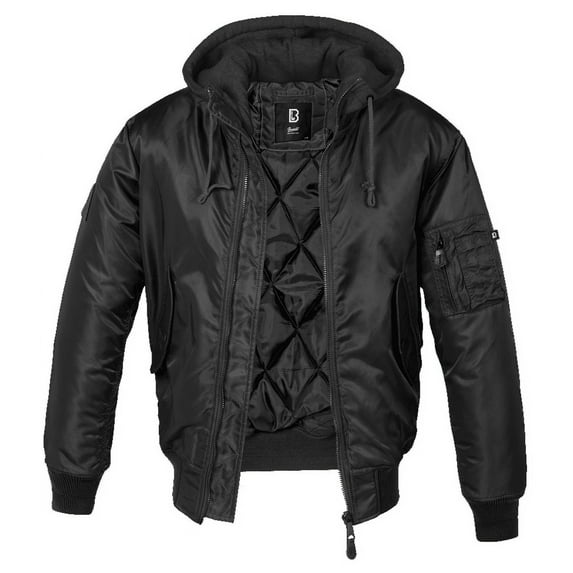 Brandit MA-1 Hooded Bomber Jacket - Black with Black Hood, Outdoors Wear Jacket (S)