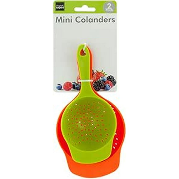 Brandobay Mini Colanders Set 2 Plastic Pack Kitchen Mesh Food Strainers Colander Handles Red Lime Green 6.5 and 7.5 Inch Strainer For Pasta Vegetables and Fruits