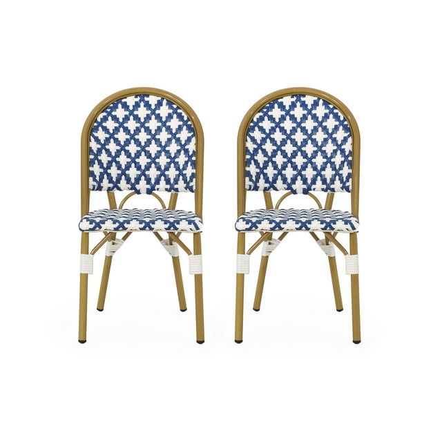 Brandon Outdoor French Bistro Chair, Set of 2, Blue, White, Bamboo Finish