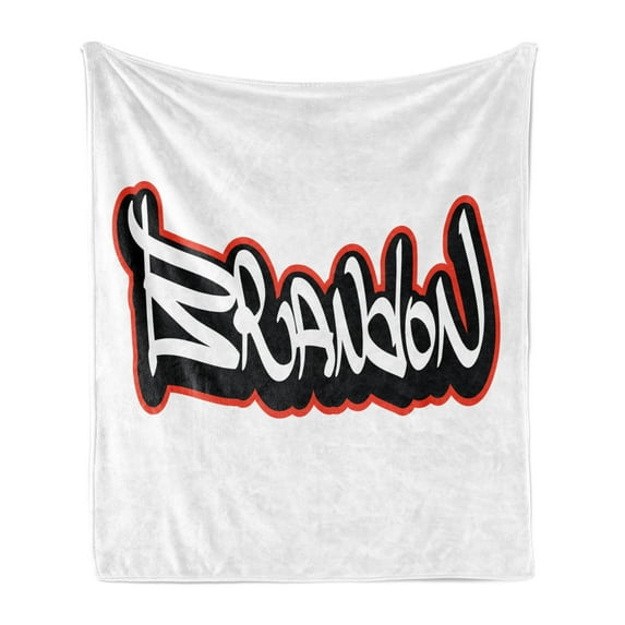 Brandon Soft Flannel Fleece Throw Blanket, Urban Street Culture Hip-hop Theme Lettering Individual Name Design, Cozy Plush for Indoor and Outdoor Use, 50" x 60", Vermilion White, by Ambesonne