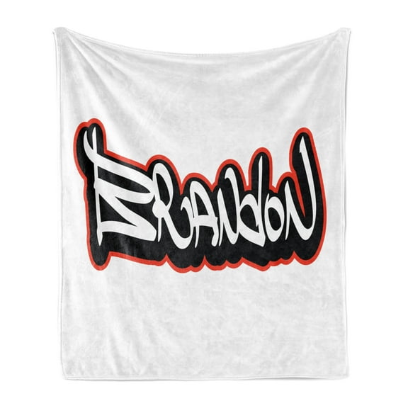 Brandon Soft Flannel Fleece Throw Blanket, Urban Street Culture Hip-hop Theme Lettering Individual Name Design, Cozy Plush for Indoor and Outdoor Use, 50" x 70", Vermilion White, by Ambesonne