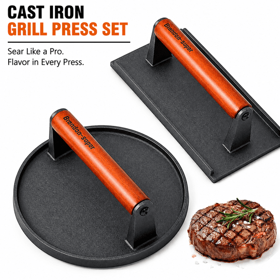 Heavy-Duty Cast Iron Burger Press Set With Wood Handle, Grill And Bacon Press For Griddle, 2 Pieces