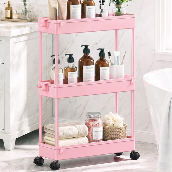 Brandon Super Slim 3-Tier Rolling Storage Cart with Wheels for Bathroom and Laundry, Pink