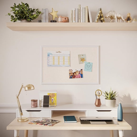 Brands Farmhouse Linen Bulletin Board, 30" x 20", White Wood Frame, Wall Mounted Pin Board for Home Office, Classroom & Kitchen, Includes Push Pins
