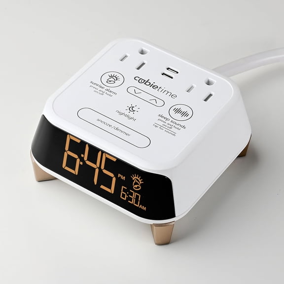 Brandstand CubieTime Zen - White (Latest Model) - White Noise/Sleep Sounds Alarm Clock Charger with 2 USB-C Ports, 2 Power Outlets, Night Light