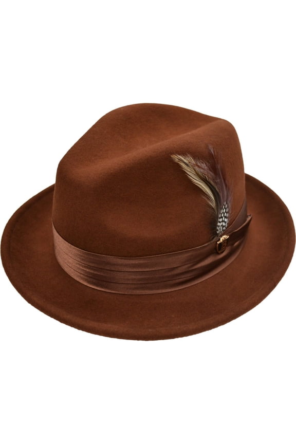 Mens Brandy Brown Fedora 100% Wool Crushable by Bruno Capelo UN-114