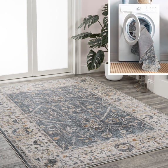 JONATHAN Y WASHABLE 5 x 8 Area Rug, Brandy Rustic Border - Dark Gray/Cream, WSH321A-5