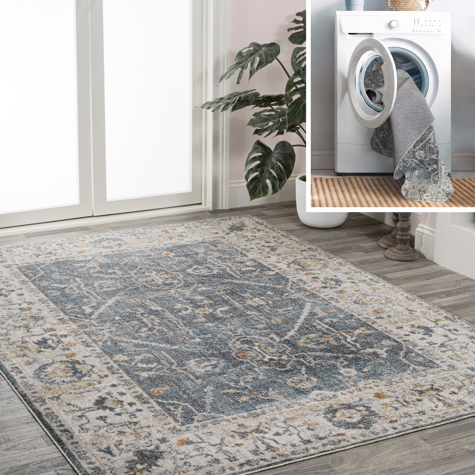 Dark Gray and Cream 8' x 10' Reversible Washable Synthetic Area Rug