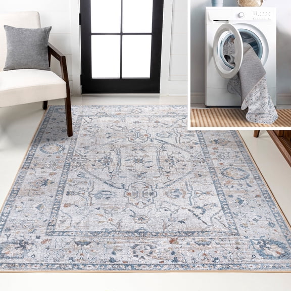 JONATHAN Y WASHABLE 8 x 10 Area Rug, Brandy Rustic Border - Light Gray/Blue, WSH321B-8