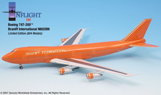 Braniff Boeing 747200 Die-Cast Model 1:200 Ultra Orange Livery