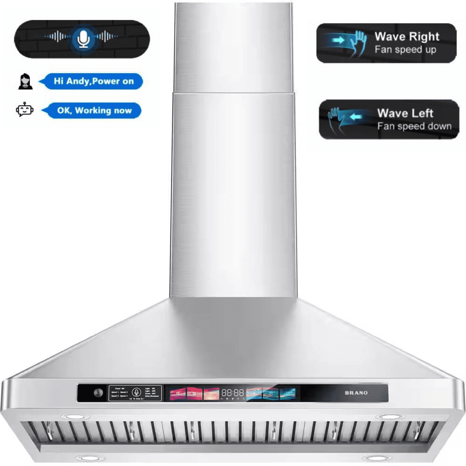 Brano 30 Inch Stainless Steel Wall Mount Range Hood, Ducted Exhaust Vent, Voice & Touchpad Control, 900 CFM