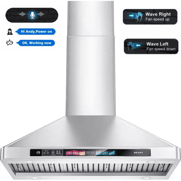 Brano 30 Inch Stainless Steel Wall Mount Range Hood, Ducted Exhaust Vent, Voice & Touchpad Control, 900 CFM