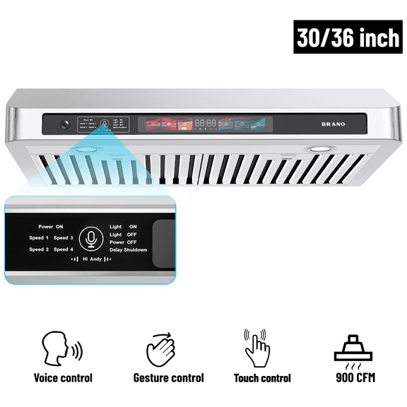 Brano 30 Inch 900 CFM Ducted Under Cabinet Range Hood in Stainless Steel with Voice, Gesture, and Touch Control