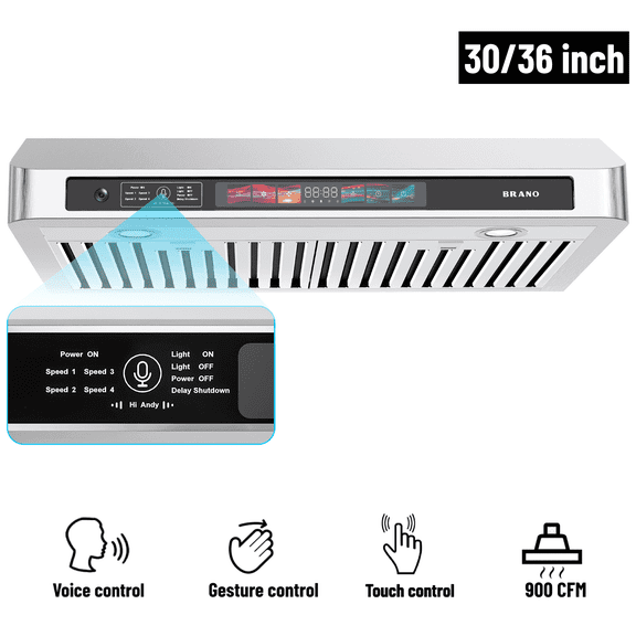 Brano 30 Inch 900 CFM Ducted Under Cabinet Range Hood in Stainless Steel with Voice, Gesture, and Touch Control