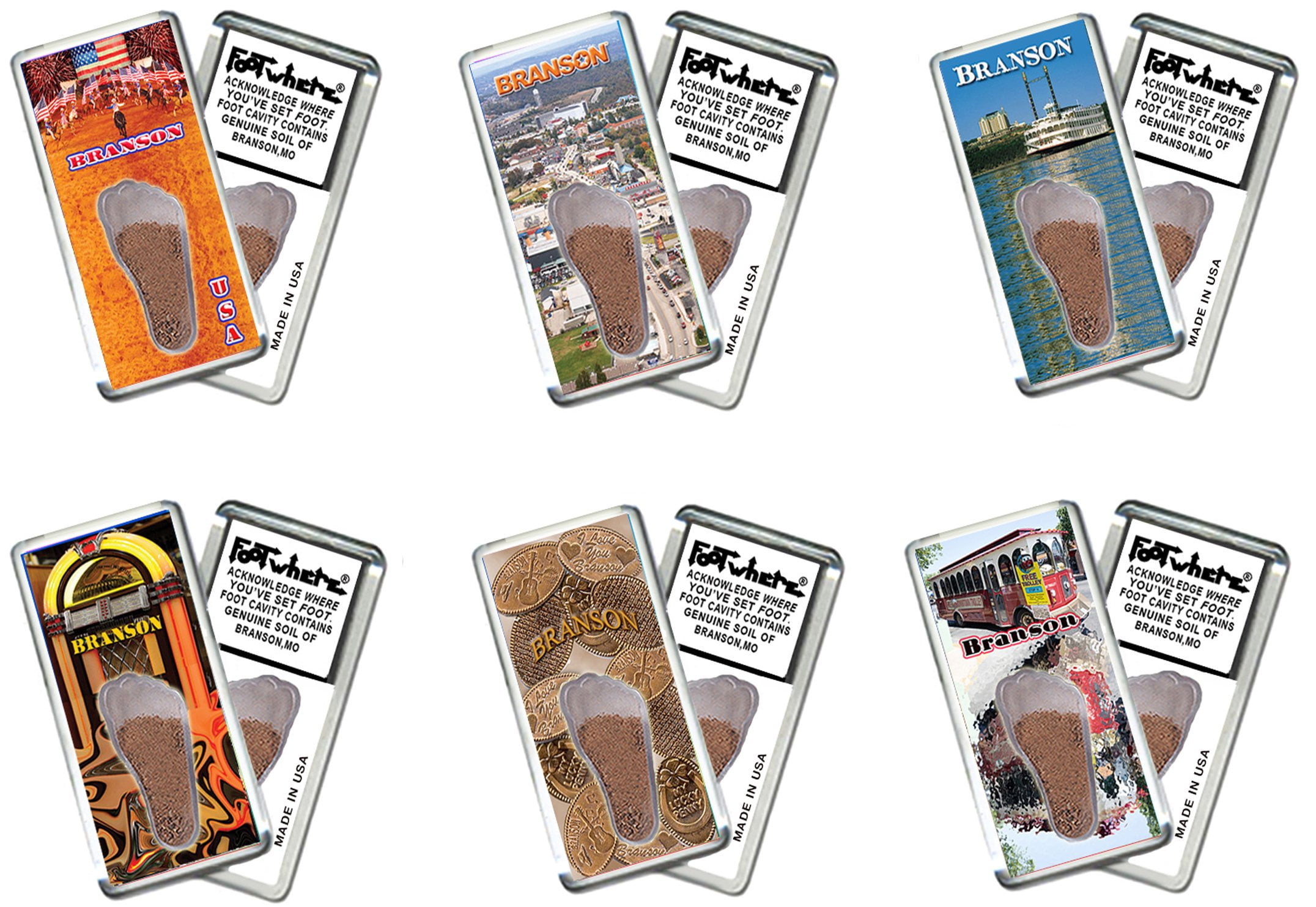 Branson FootWhere Fridge Magnets. 6 Piece Set. (BS200 - Assorted)