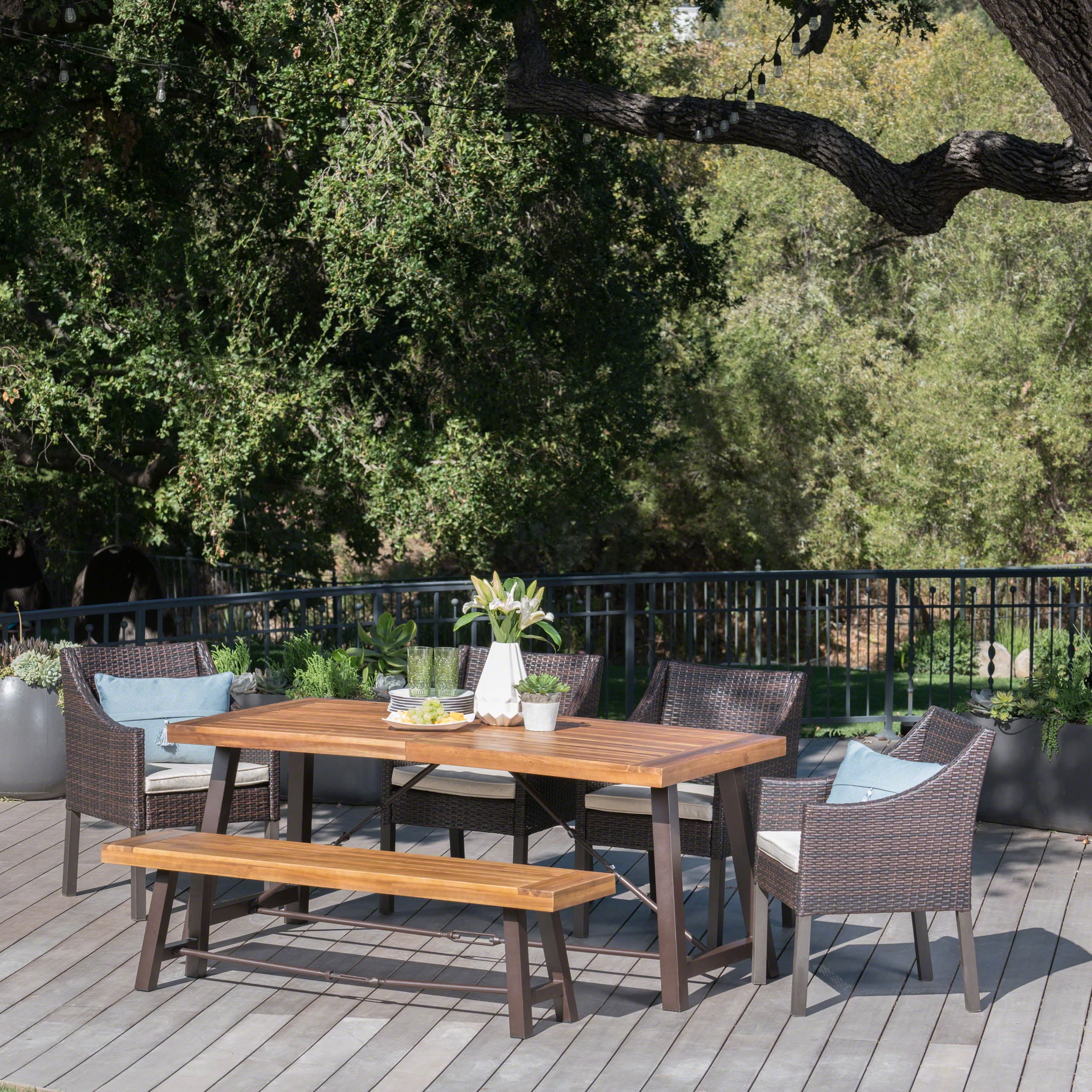 Branson Outdoor 6 Piece Acacia Wood Dining Set with Wicker Dining Chairs and Cushions, Teak Finish, Multibrown, Beige