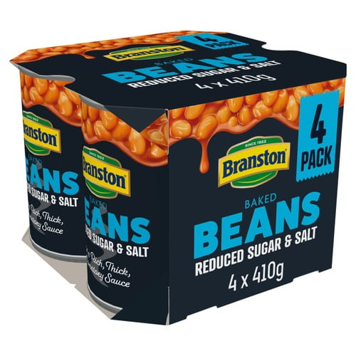 Branston Beans Reduced Salt and Sugar 4 x 410g, British Import (Pack of 2)
