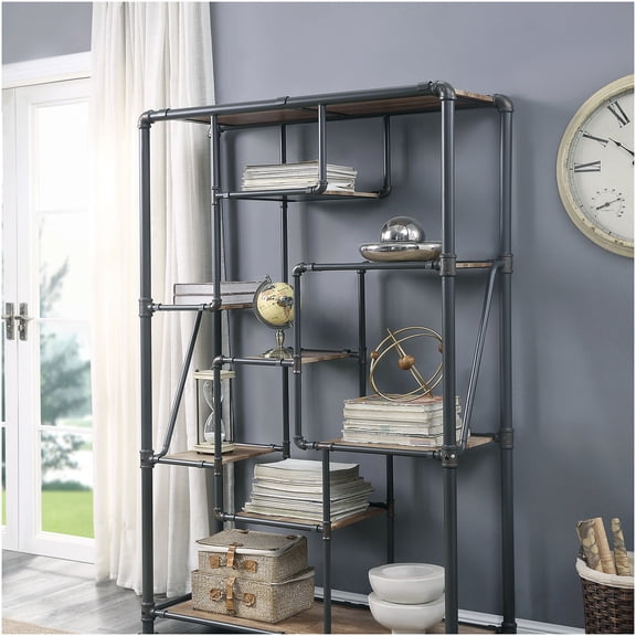 Brantley Antique Oak 8 Tier Industrial Bookshelf, Metal Frame Storage Shelf, Vintage Oak & Gray Finish