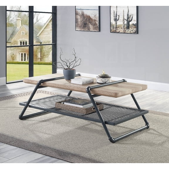 Brantley Coffee Table in Oak & Sandy Gray - Sturdy Metal Frame with 1-Tier Shelf for Storage