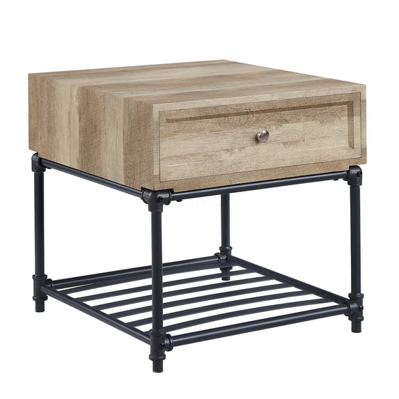 Brantley Oak Finish End Table with Storage Drawer and Shelf, Modern Side Table for Living Room