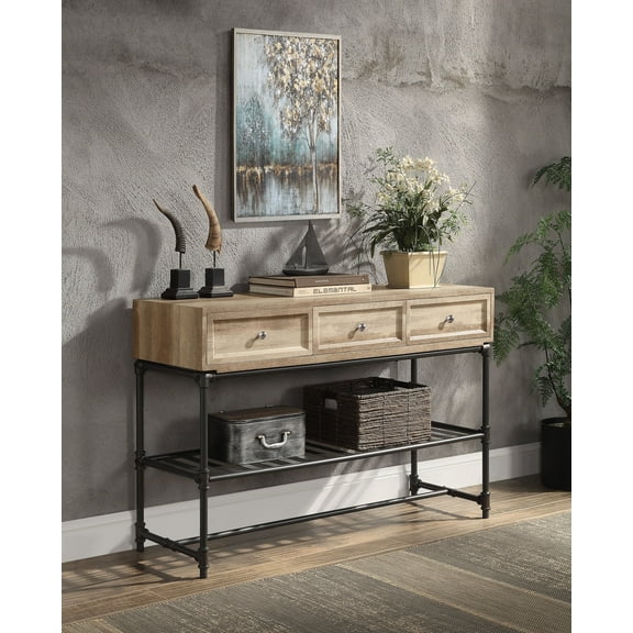Brantley Oak & Sandy Gray Sofa Table: Industrial Water Pipe Metal Legs, 1 Storage Drawer, Spacious Shelf, Composite Wood & Veneer, 47"W x 16"D x 31"H, Living Room Furniture