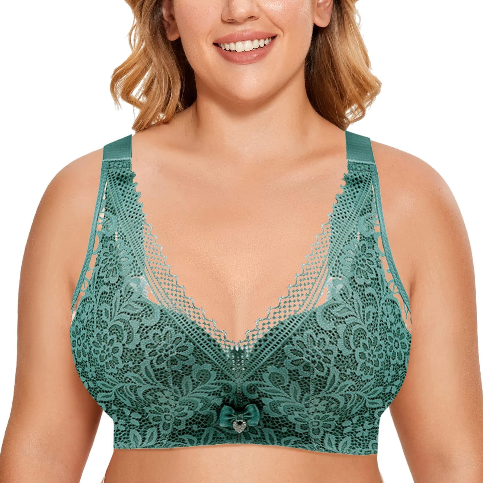 Womens Front Closure Bras Plus Size Lace Full Coverage Underwire Unlined  Bra Ivy Green 44D