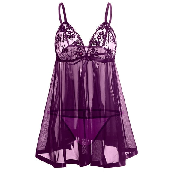 Bras For Women, Plus Size Lingerie Lace Bow Nightwear Sleepwear Pajamas Nightwear S-6XL(Purple,M)