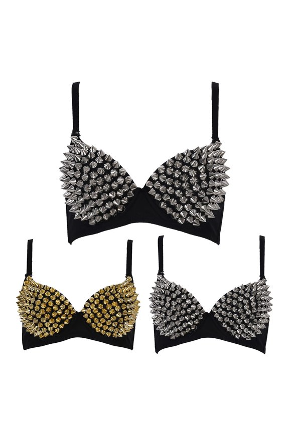 Bras for Women BWASD Full Coverage Push Up Lift Padded Bralettes Metallic Spike Studs Rivet Sparkly Tops Punk Dance Dress Performance Party Club Outfit S-XXL