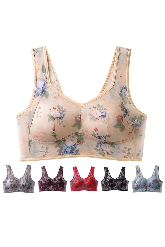 Bras for Women BWASD No Underwire Wireless Plunge Bralettes Floral Pattern Anti Sagging Comfy Support Lift Push Up Comfy Full Coverage Everyday Bra Beige L-5XL