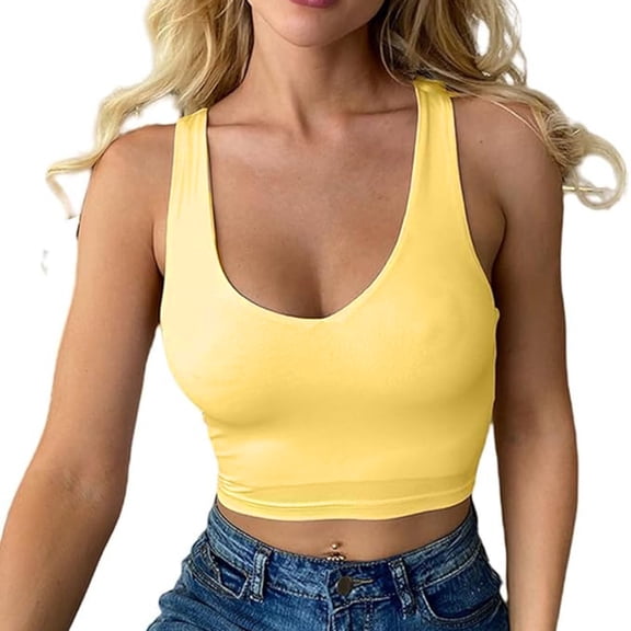 Bras for Women Crop Top Women's Sexy V Neck Tank Top Sleeveless Summer Tops Slim Fit Sport Crop Tops Corset Basic Shirt Camisole on Clearance Yellow M