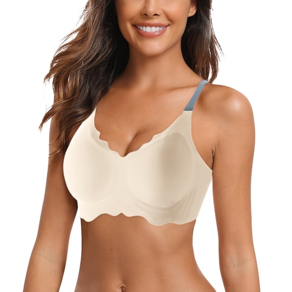 Bras for Women Medium Support Bra Women's Seamless No Underwire Yoga Sleep Bra Buttery Soft Full Coverage T-Shirt Bra with Scalloped Edges Convertible Straps & Push-Up Gathering