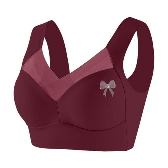 Bras, Women'S Plus Size Wirefree Adjustable Side Cinching Support Bra With Vest-Style Straps & Bow Accent, Thin Design Everyday Comfort Wireless Bralette Bras Sports Bra (44, Wine) ZMTing
