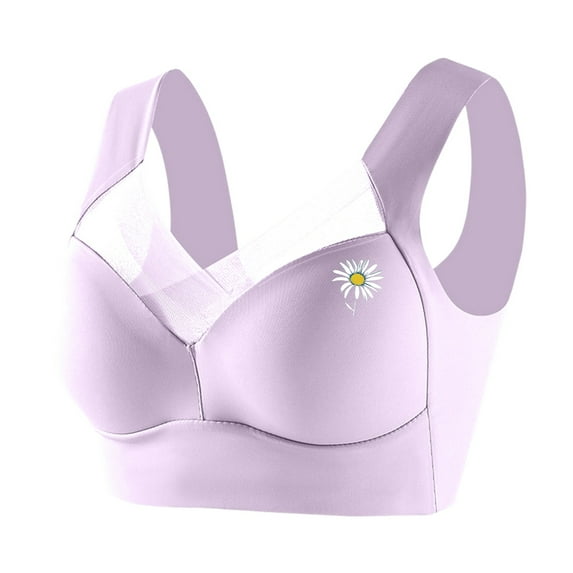 Bras, Women'S Plus Size Wirefree Adjustable Support Bra With Side-Slimming & Bust Gather Design, Daisy Embroidery V Neck Bralette For Lightly Lined Bras Women Bra Yoga (42, Light Purple) ZMTing