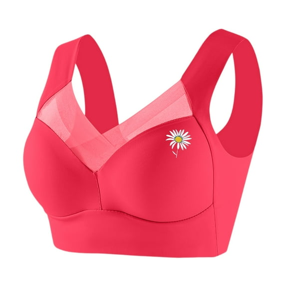 Bras, Women'S Plus Size Wirefree Adjustable Support Bra With Side-Slimming & Bust Gather Design, Daisy Embroidery V Neck Bralette For Maternity Bras Women Bralette Tops (36, Red) ZMTing