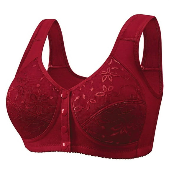 Bras, Women'S Wirefree Front Closure Comfort Lace Bralette, Breathable Soft Cup Everyday Casual Bra With Floral Print, Wireless Underwear For Summer T-Shirt Bras Bras Tops (32, Deep Red) ZMTing