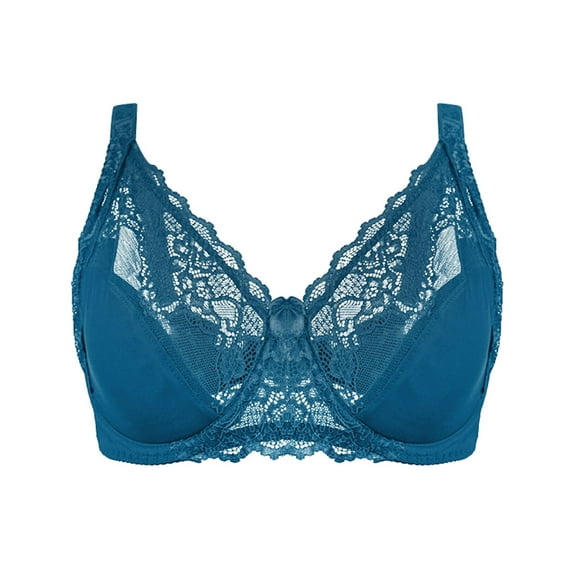 Bras for Women Solid Lace Lingerie Bras Plus Size Underwear Bralette Bras Comfortable Bra V-Neck Pullover Bra Feature Hook and Eye Closure Longline Bra Style Y-161 , Blue XXL