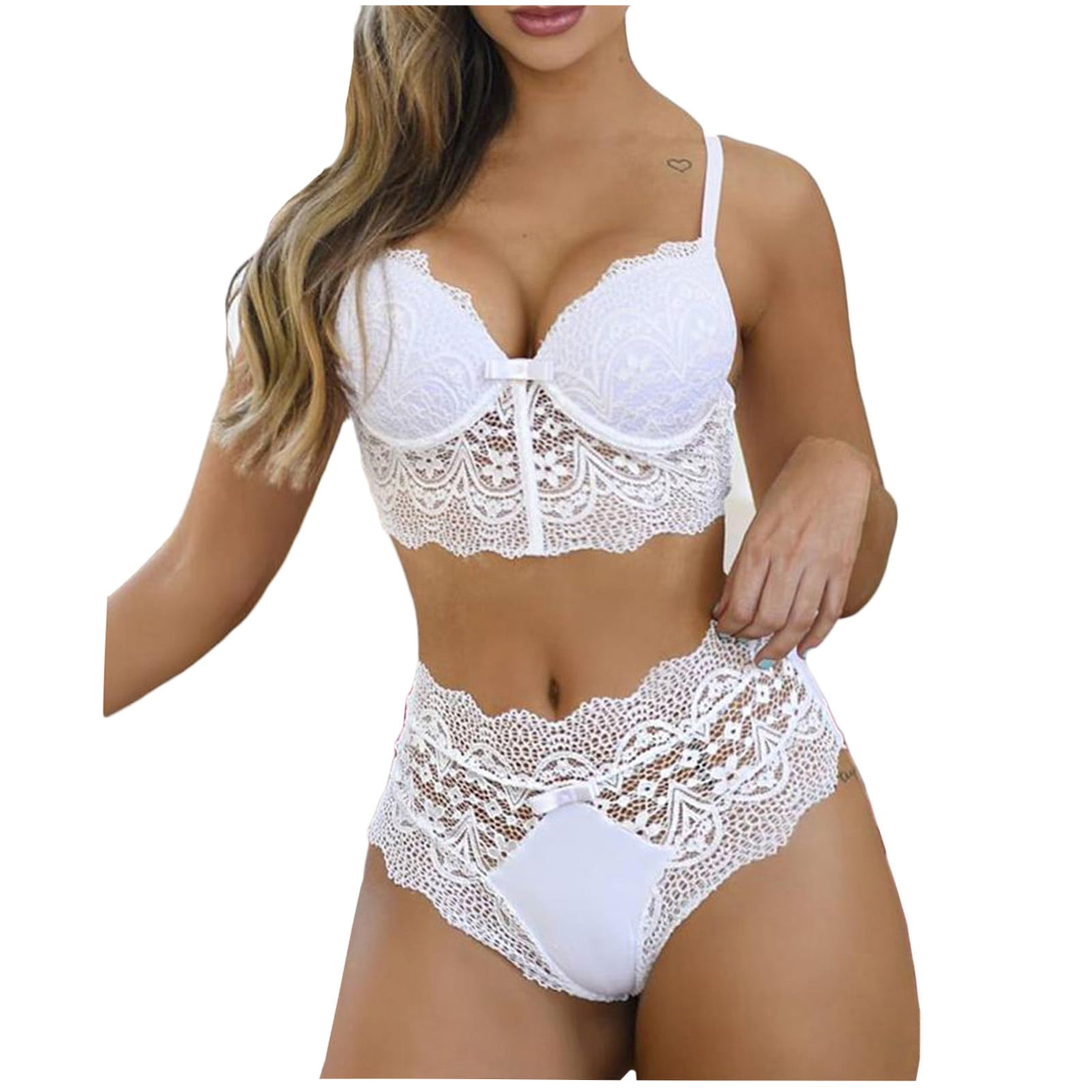 Push up Bra Sexy Lingerie for Women Women Sexy Lace Wireless Bowknot Bra  Thong Lingerie Underwear Pajamas Set M-3XL Crotchless Lingerie for Women  Womens Sports Bras White,3XL 