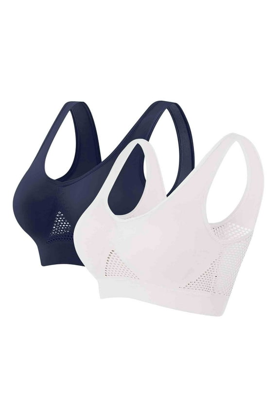 Bras for Women Underwire 2 Pack Breathable Sports Bra Ladies Workout Mesh Brassiere Soft Comfy Wireless Bra Push up Balconette with Removable Pads Navy XL
