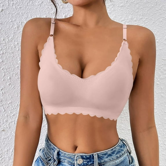 Bras for Women No Underwire V Neck Scalloped Wireless Push Up Bra Ndbuld Women's Solid Color Backless Sexy Seamless Push-Up Beautiful Back Underwear Everyday Bras Pink L