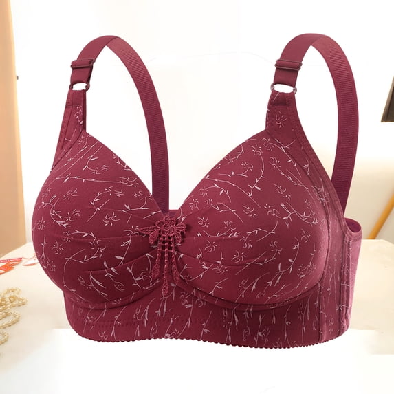 Bras for Women No Underwire Wireless Bras Ndbuld Women's Non Steel Hoop Gathered Middle Button Breastfeeding Breathable Elastic Underwear Daily Bra Wine L