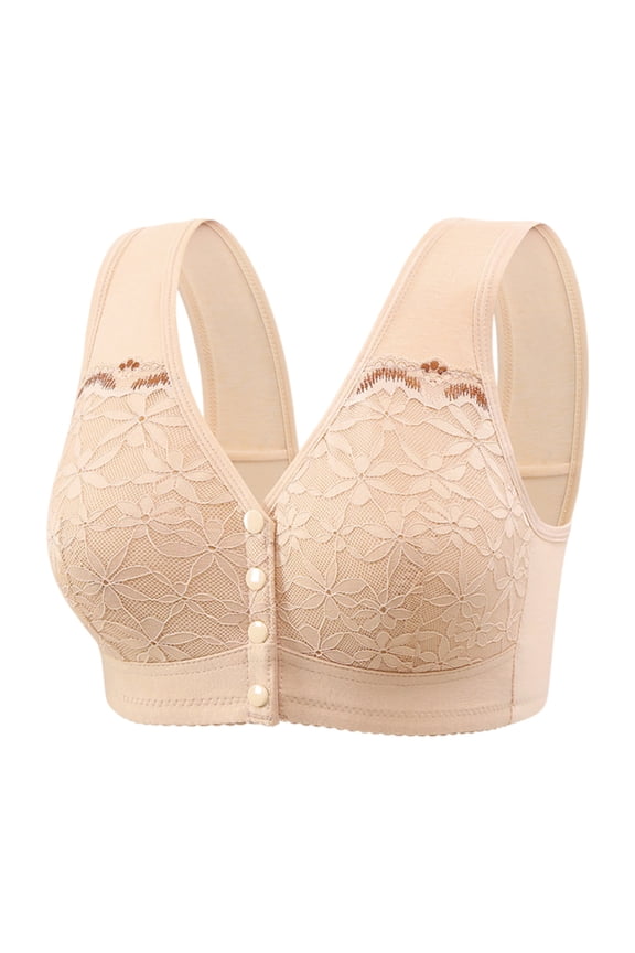 Bras for Women no Underwire - Women's Fixed Cup Front Buckle Underwear for The Elderly Plus Size Bra without Underwire Thin Tank Top Bra - Push Up Bra,Color:Beige,Size:52