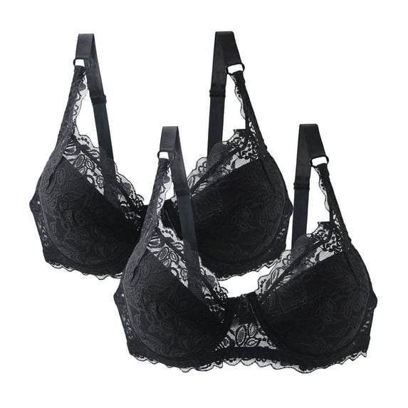 Bras for Women Wirefree Padded 2pc Women Lace Push up Bras, Plus Size Soft Breathable Padded V-Neck Underwire Balconette Womens Athletic Bras Black XL