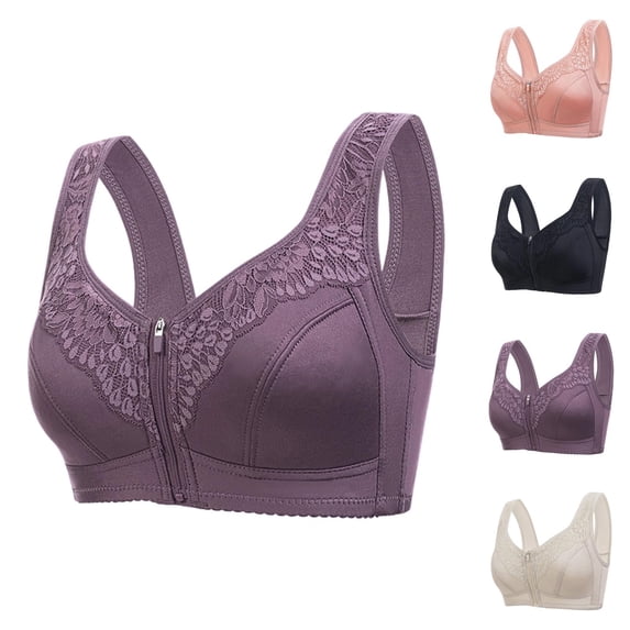 Bras for Older Women Front Zipper Closure Wide Strap Wireless Soft Cup Plus Size Bralettes Everyday Bra