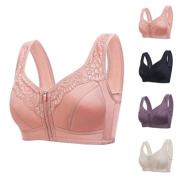 Bras for Older Women Front Zipper Closure Wide Strap Wireless Soft Cup Plus Size Bralettes Everyday Bra