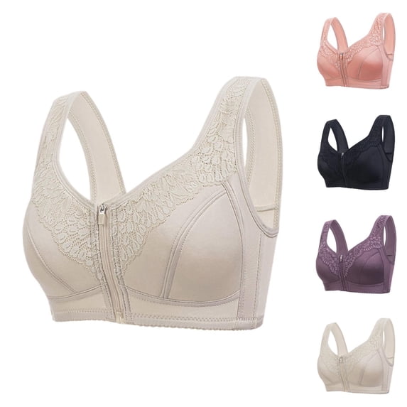 Bras for Older Women Front Zipper Closure Wide Strap Wireless Soft Cup Plus Size Bralettes Everyday Bra